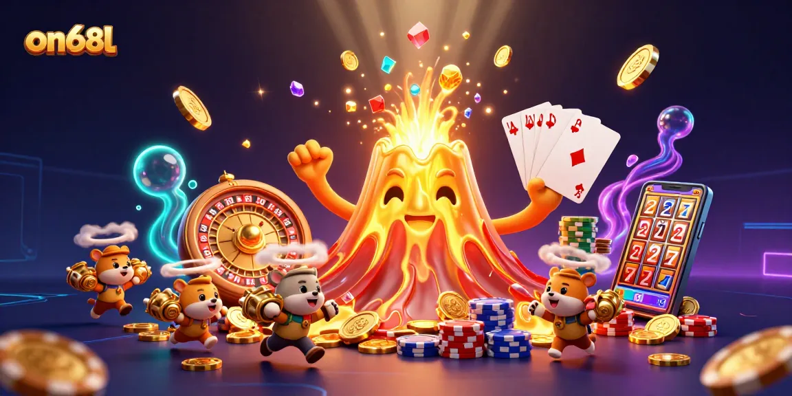 Experience the thrill of wins at on68l with a vibrant 3D casino illustration featuring a golden volcano erupting treasures.