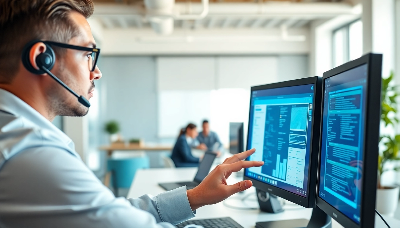 Remote IT support for small business with a professional assisting a team in a modern workspace.