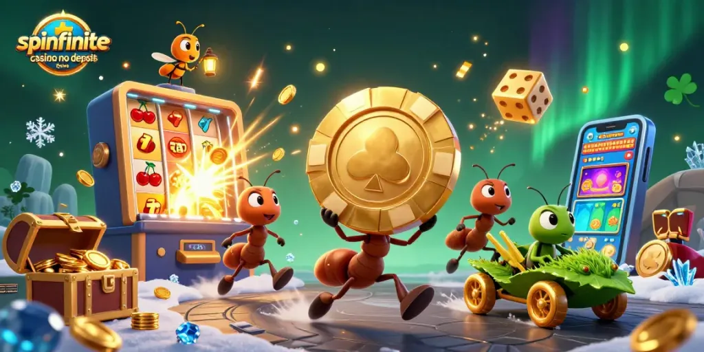 Spinfinite casino no deposit bonus and golden poker chip featured in dynamic 3D scene.
