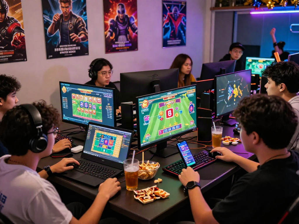 Friends enjoying an exciting online gaming session for situs toto in a vibrant atmosphere.