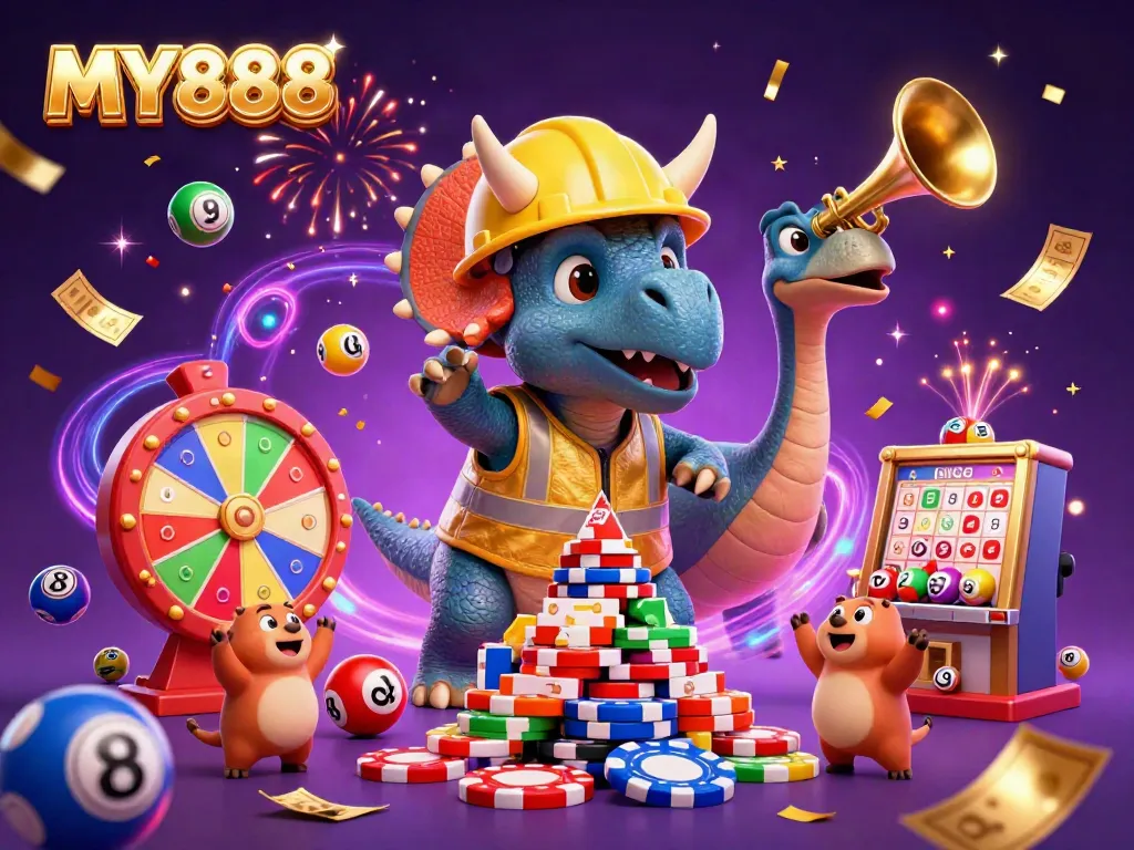 MY888 is depicted with a triceratops building poker chip pyramids and celebratory elements in a vibrant casino scene.