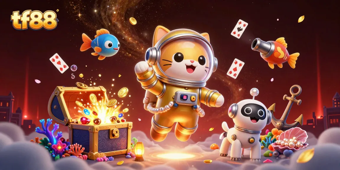 Experience exciting gameplay with tf88 in this colourful, animated casino scene filled with treasures.