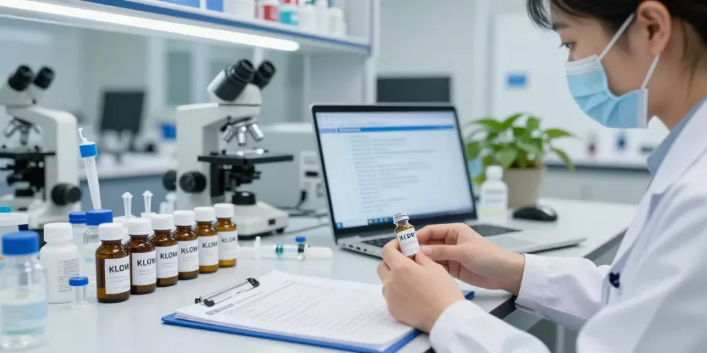 Buy klow peptide Canada in a modern lab with researchers examining peptide vials and data.