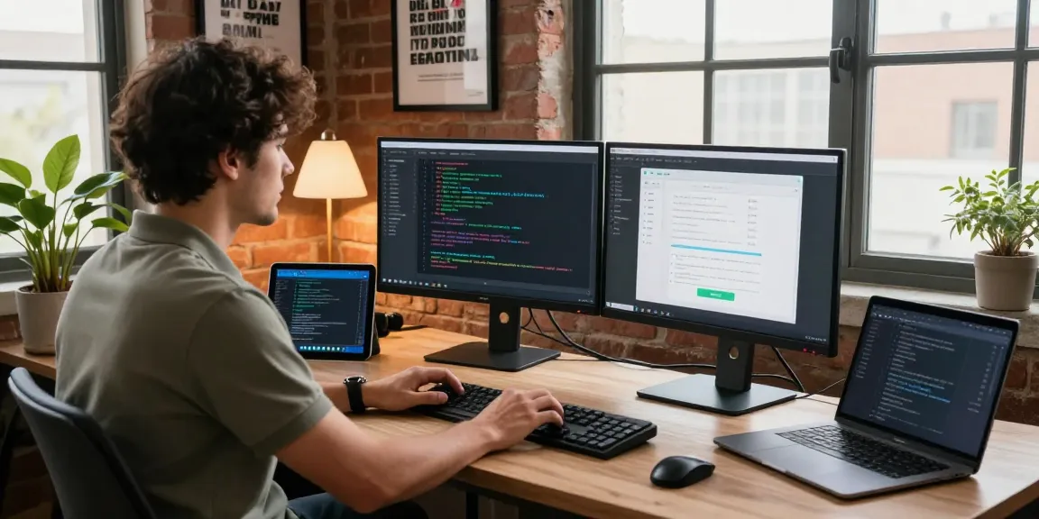Developer utilizing bdtjl software in a modern workspace with dual monitors, tablet, and tech gadgets.