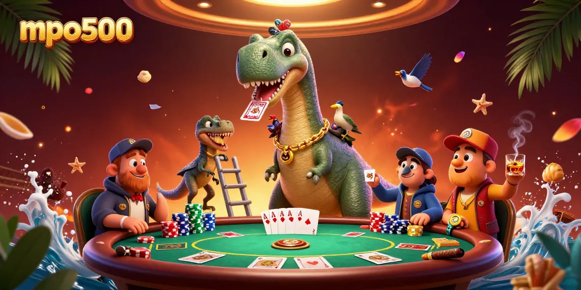 Engage with mpo500 at an exciting casino scene with a dinosaur dealer and poker setup.