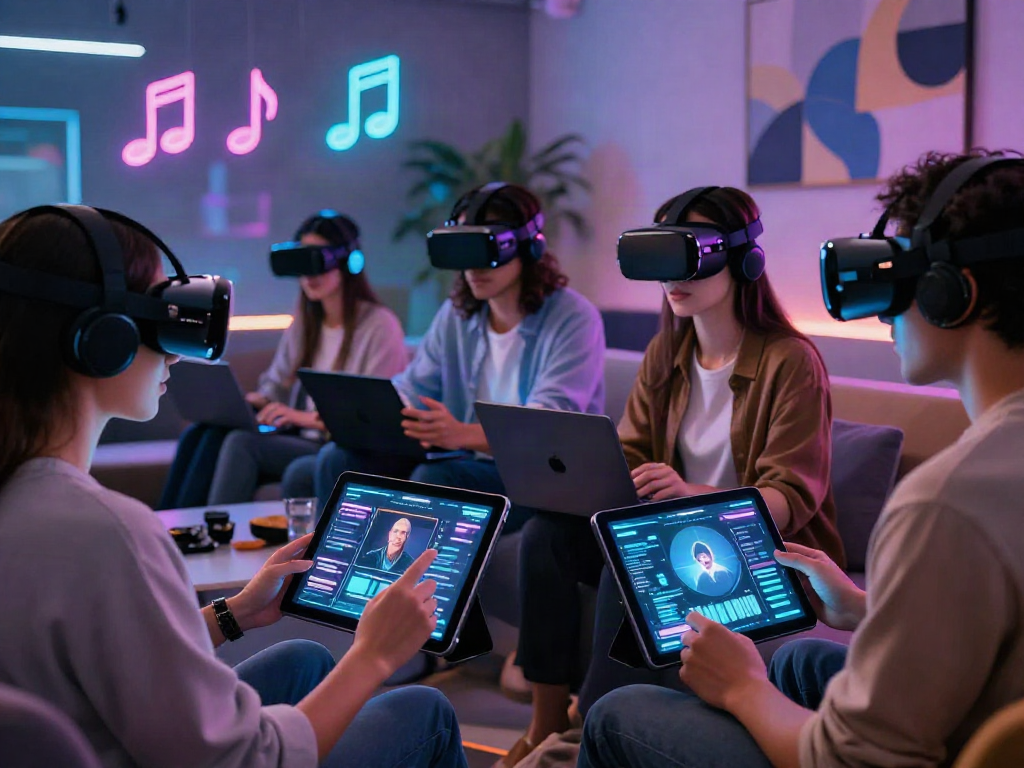 Engaging scene of diverse individuals exploring ai porn through high-tech devices in a modern lounge.