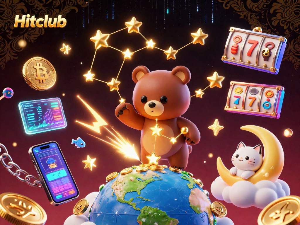 Hitclub features a vibrant casino-inspired scene with a constellation bear, slot elements, and crypto coins.