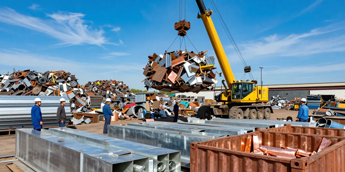 https://www.scrapsolutionplace.com/ Pemandangan operasional industri logam bekas dengan pekerja memeriksa berbagai jenis logam di lokasi scrap metal.