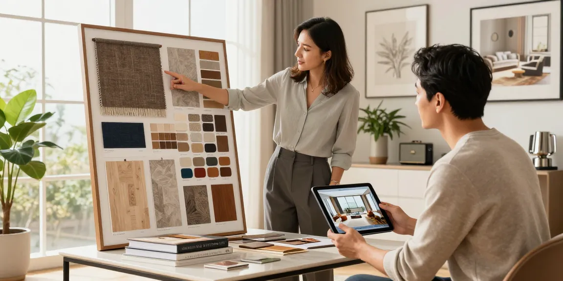 Proses konsultasi desain interior dengan designer terkemuka, menampilkan pemilihan palet warna dan material.