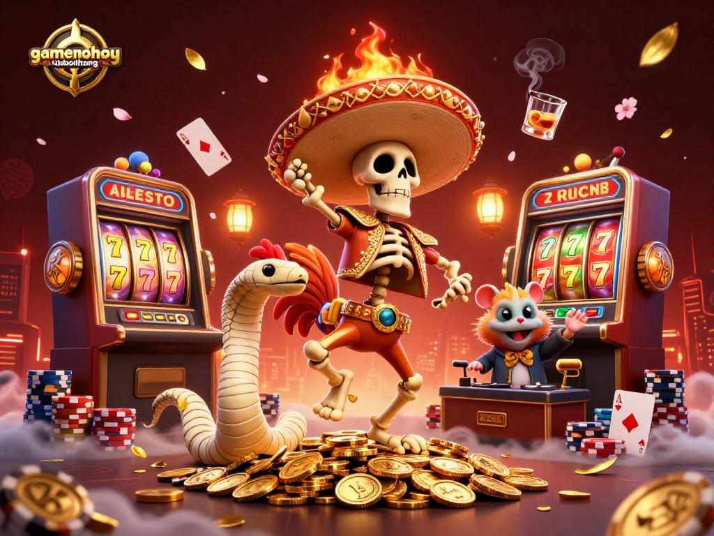 Spin and win at gamenohudoithuong with festive characters celebrating on golden coins!