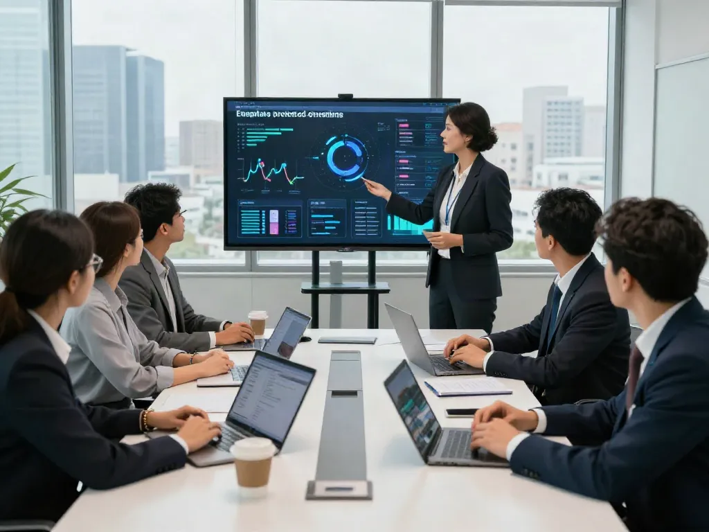 Deepfake-protected meetings discussion in a modern office setting with diverse professionals collaborating.