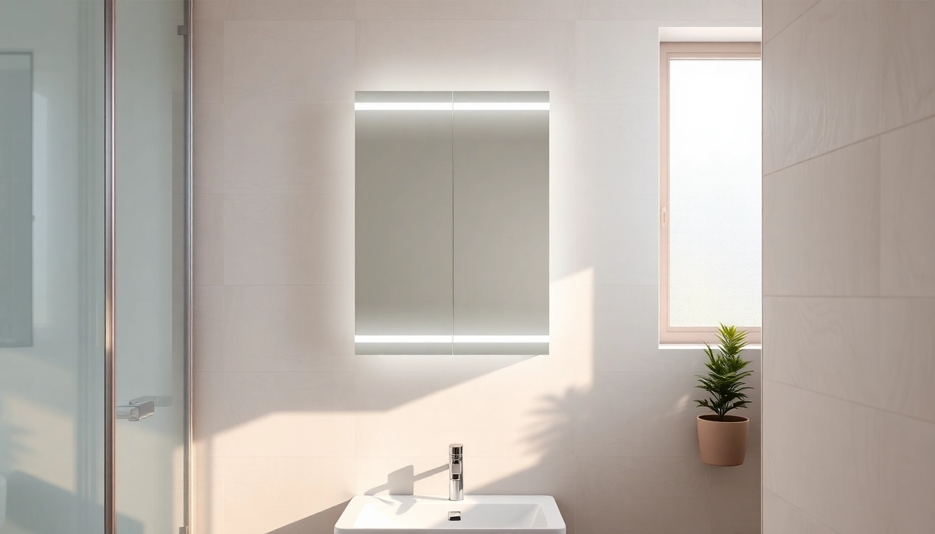 Spiegelschrank bad mit Beleuchtung in stilvollem Badezimmer-Setup mit natürlichem Licht