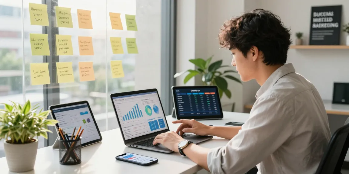 Purchase app installs by analyzing marketing data in a professional office setting.