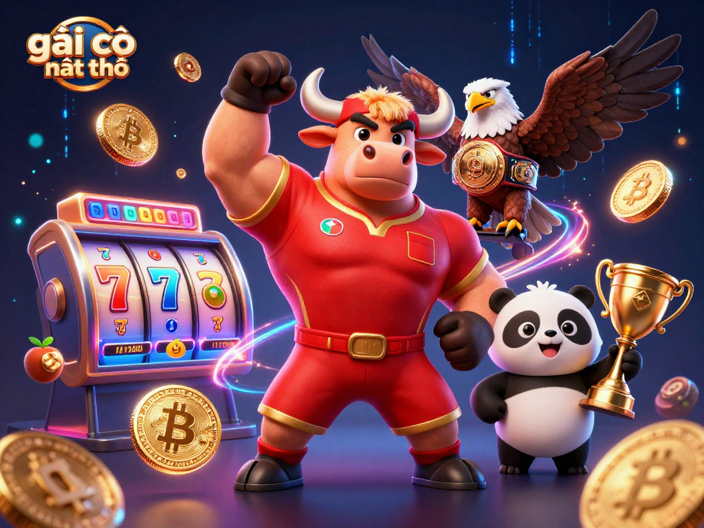 Experience the excitement of gái gọi cần thơ with a victory pose mascot amidst dynamic slots and crypto elements.
