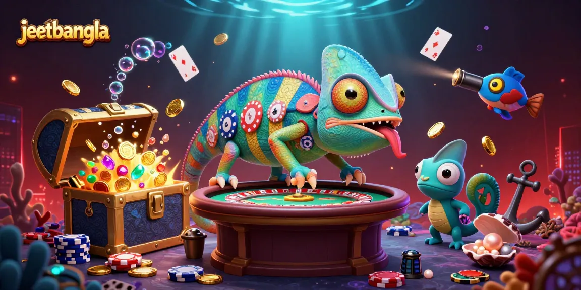 Experience thrilling gaming at JeetBangla with a vibrant chameleon owner surrounded by casino treasures.