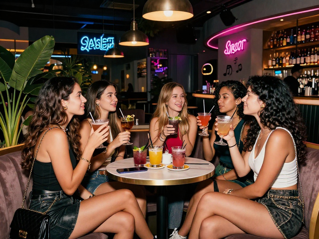 Cảnh gái gọi vui vẻ trong quán bar hiện đại với ánh đèn neon.