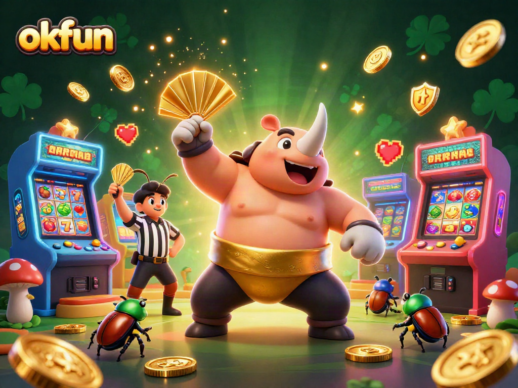 Engage with okfun casino gameplay in a vibrant scene showcasing a beetle champion and slot elements.