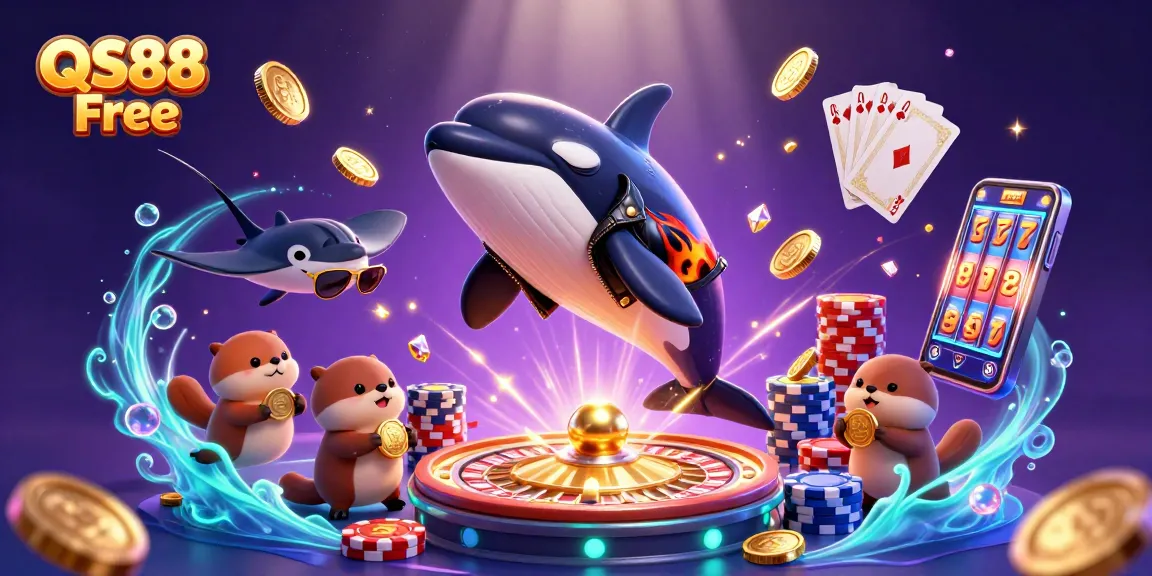 Engage with QS88 Free through a dynamic scene depicting animated characters and casino elements for an exciting gaming experience.