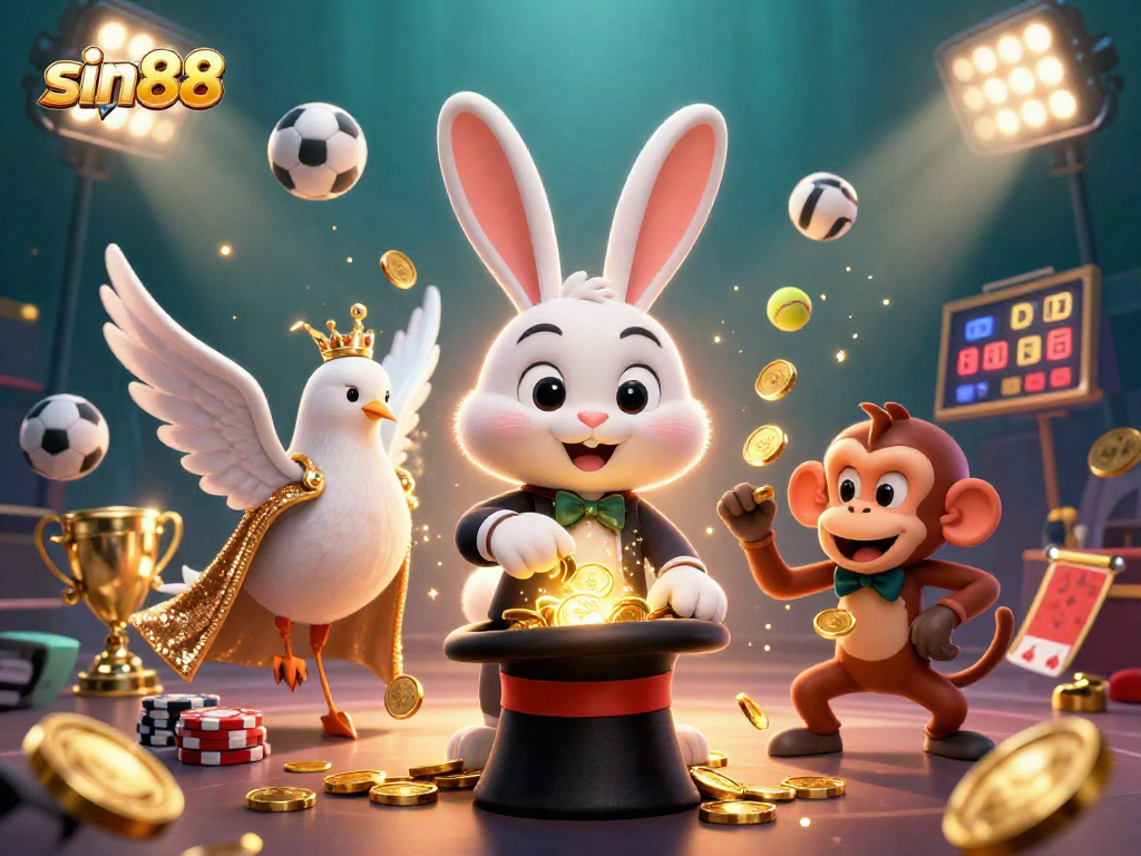 Experience thrilling moments at sin88 with a rabbit magician, diving doves, and spirited monkeys in a vibrant casino scene.