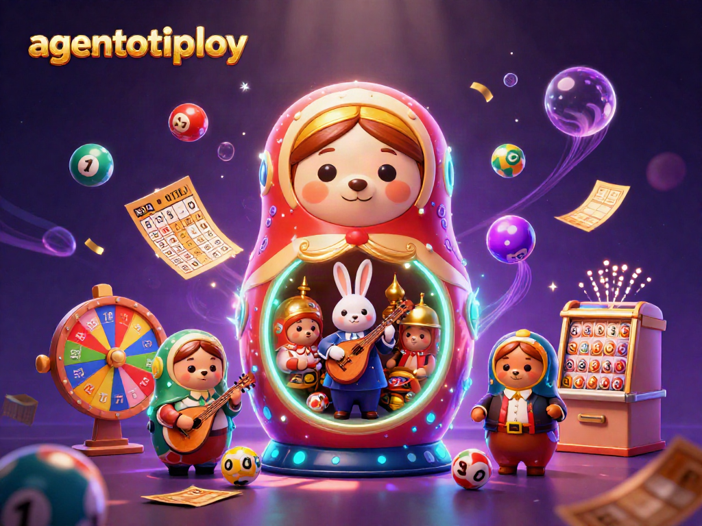 Mainkan agentotoplay dengan gambar berwarna-warni bola lotere dan karakter dealer kasino yang menarik.