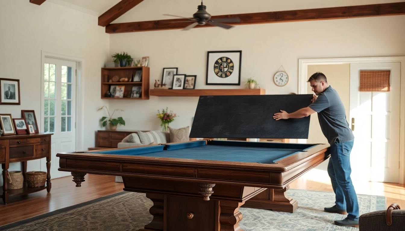 Pool table mover carefully relocating a large slate pool table in a well-lit living room.