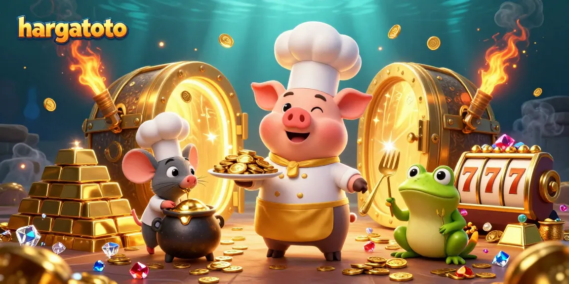 Experience hargatoto's thrilling jackpot potential with a vibrant 3D illustration featuring gold coins and characters.