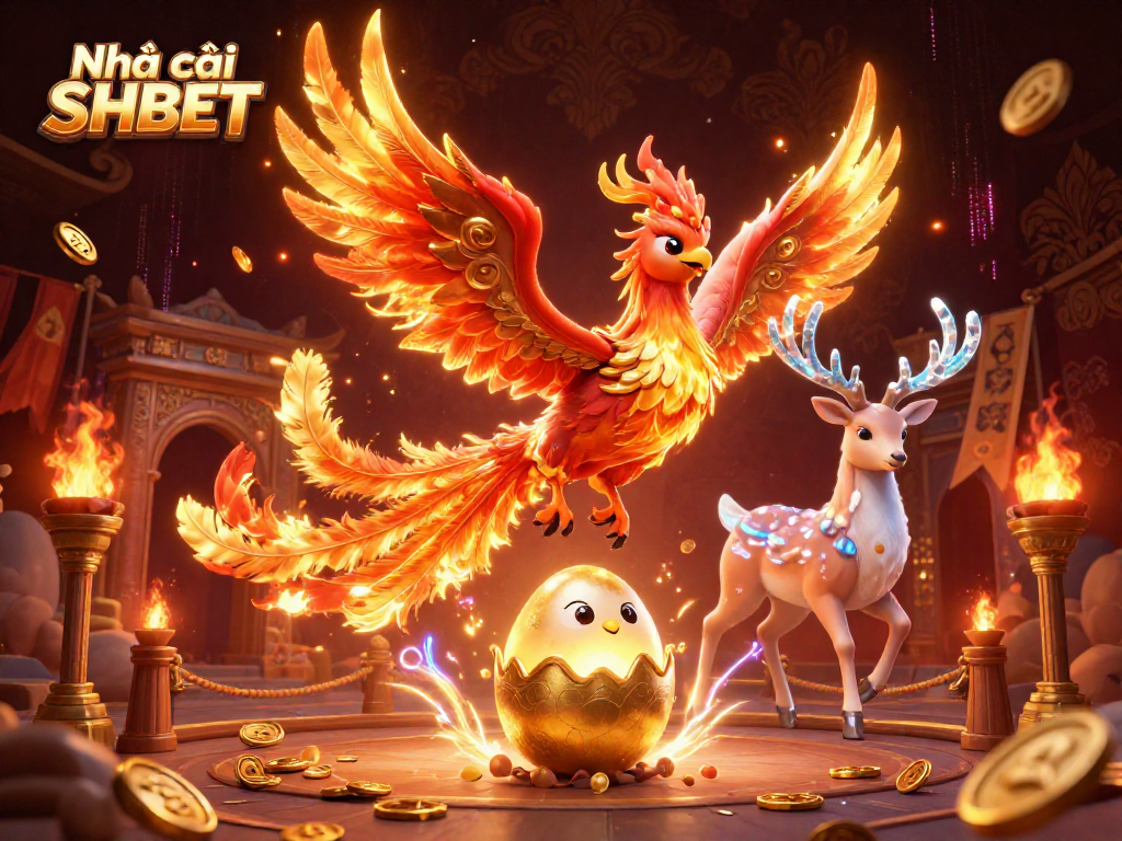 Experience the exhilarating gaming atmosphere at Nhà cái SHBET, featuring a mythical phoenix and stag.