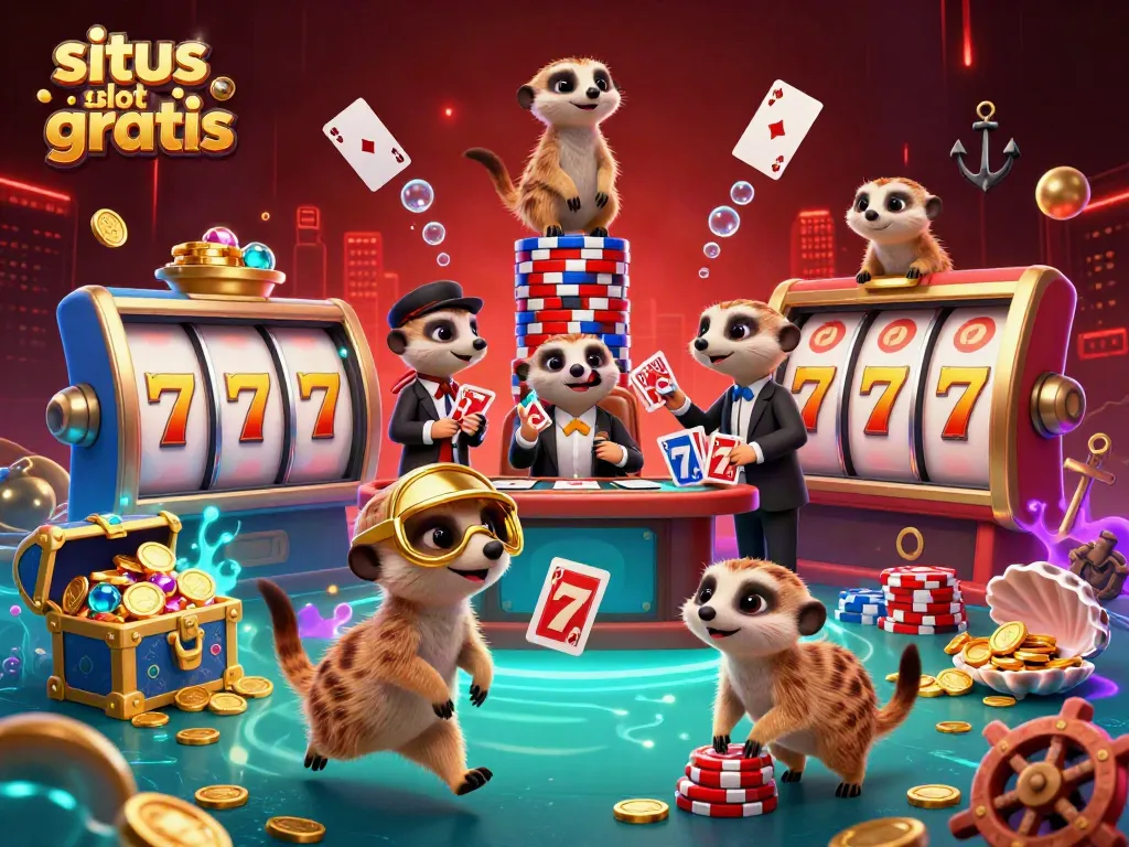 Enjoy situs slot gratis with these cartoon meerkats running a vibrant casino operation.