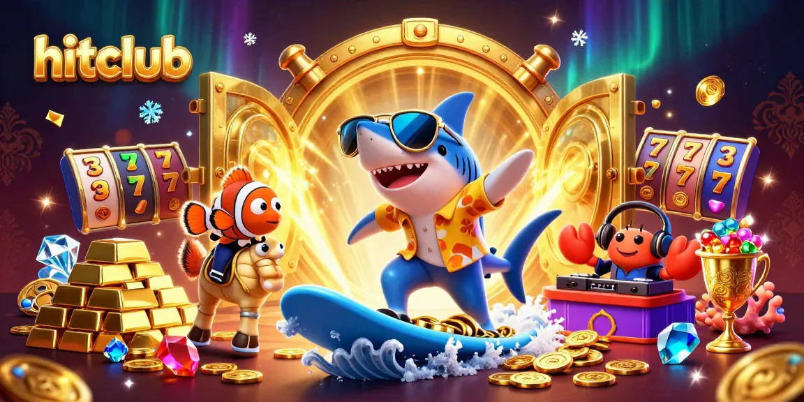Hitclub delivers thrilling casino adventures with a vibrant 3D scene of a shark and friends amidst gold coins.