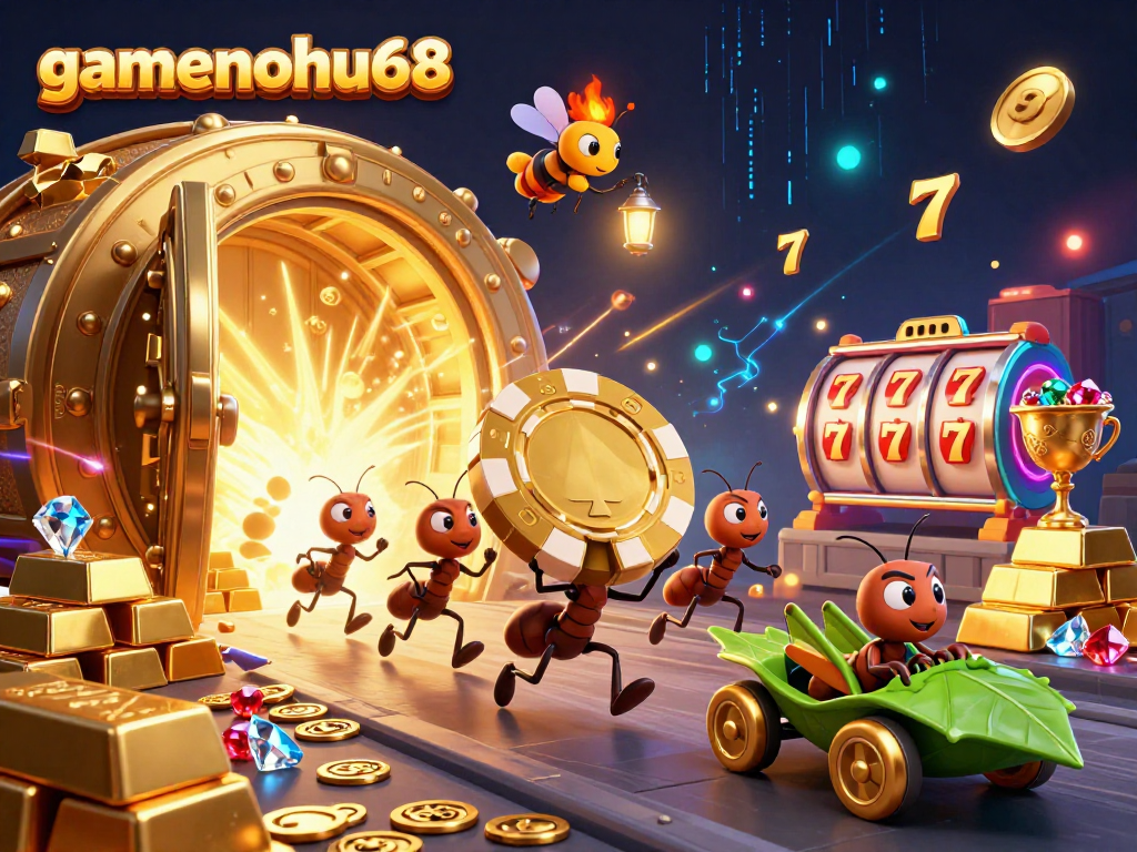 See the gamenohu68 heist scene featuring cartoon ants, golden poker chip, and exciting casino elements.