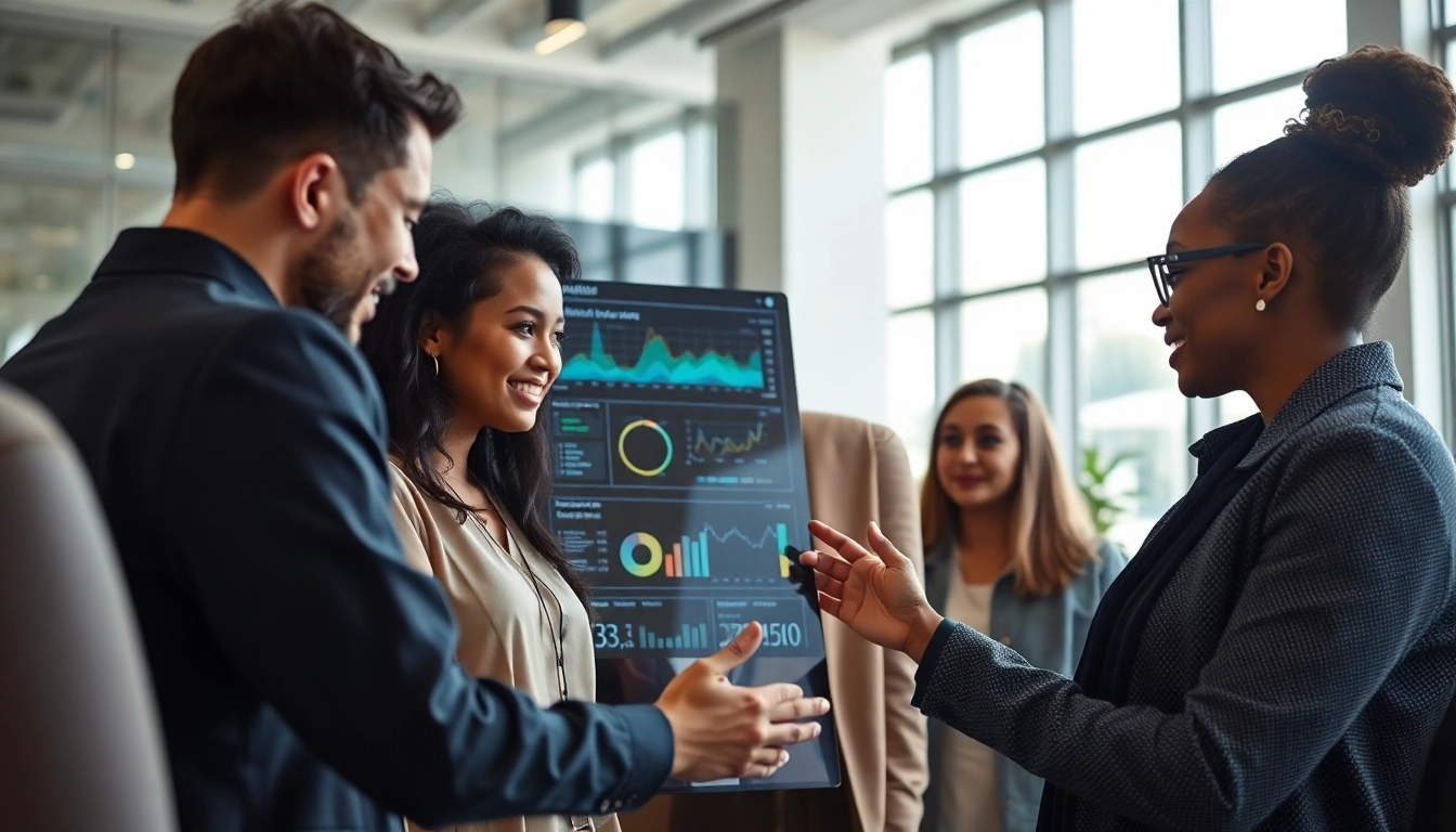 AI agents collaborating in a modern office showcasing advanced technology and data analytics.
