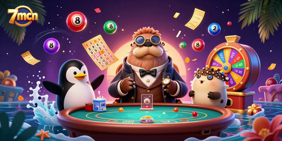 Experience the excitement of 7mcn at an underwater casino with active games, vibrant lottery elements, and engaging characters.