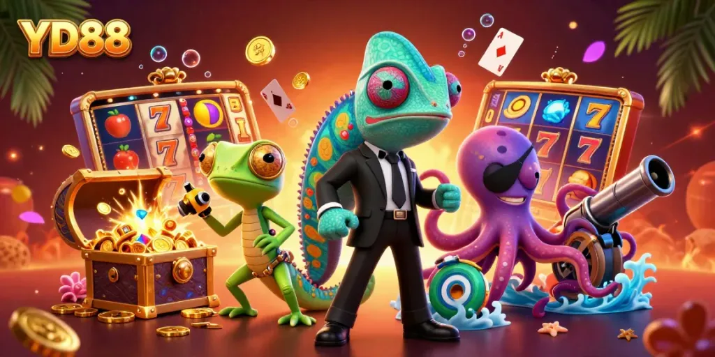 Experience YD88 with a dynamic scene featuring casino-themed elements and animated characters.