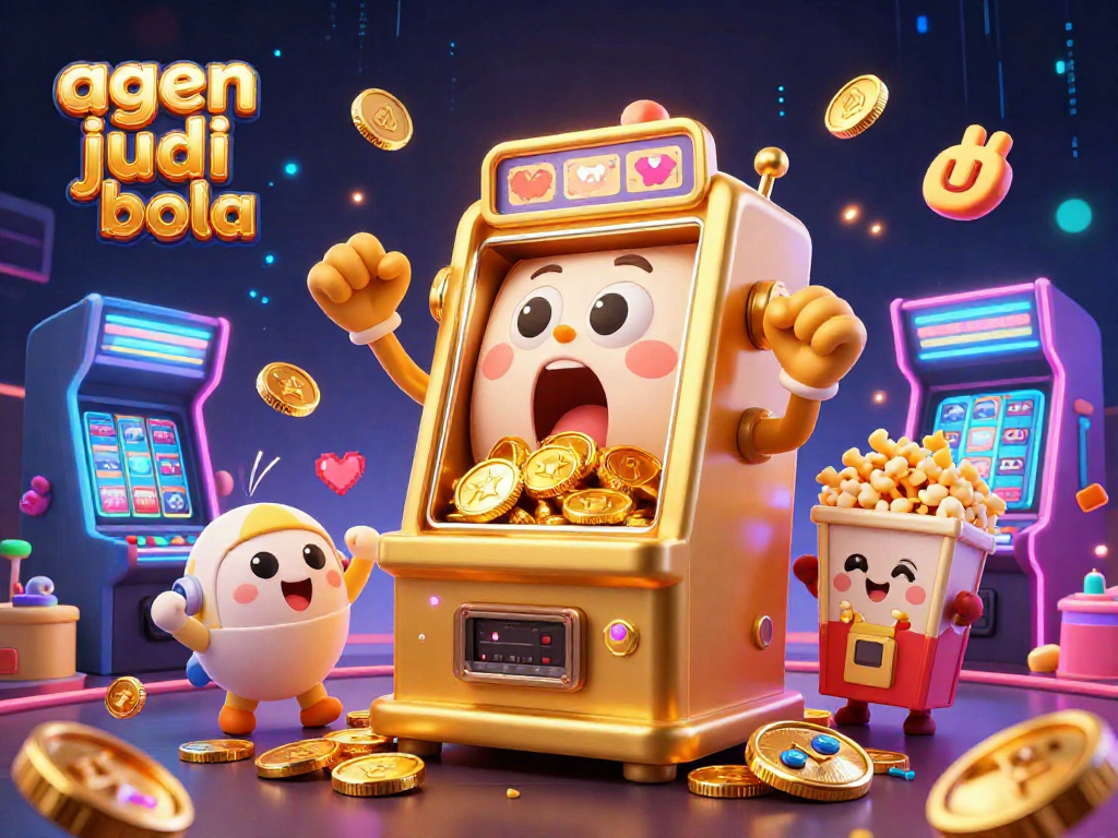Agen judi bola celebrates jackpot wins in a lively casino scene with cheerful slot machines.