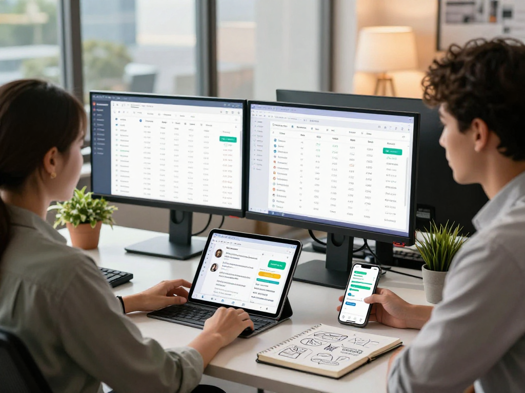 Purchase app installs with expert marketers analyzing app performance and strategy in a modern workspace.