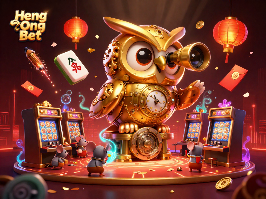 Heng Ong Bet showcases a captivating scene with a golden owl in a bustling casino filled with festive elements.