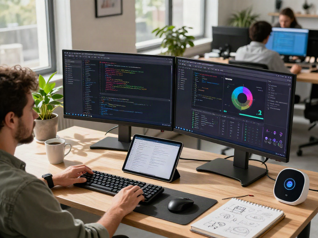 Developer focused on creating the Pikashow apk in a modern workspace with multiple monitors and vibrant greenery.