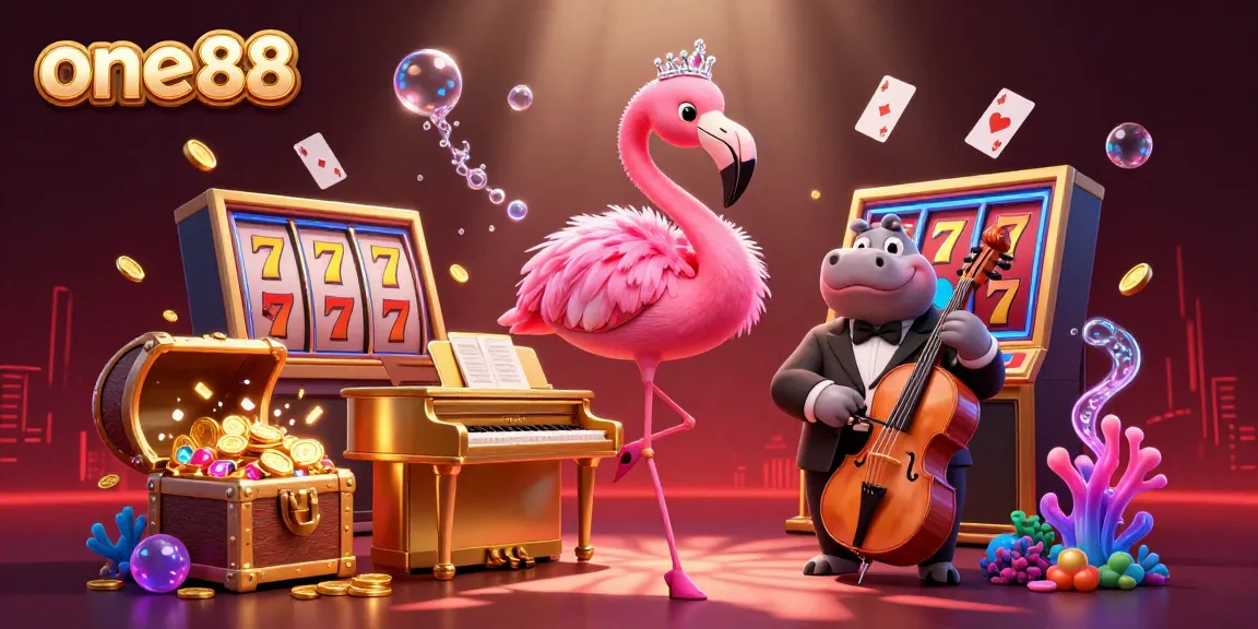 Experience the thrilling ambiance of one88 with a vibrant 3D casino scene featuring a flamingo singer and hippo bassist.