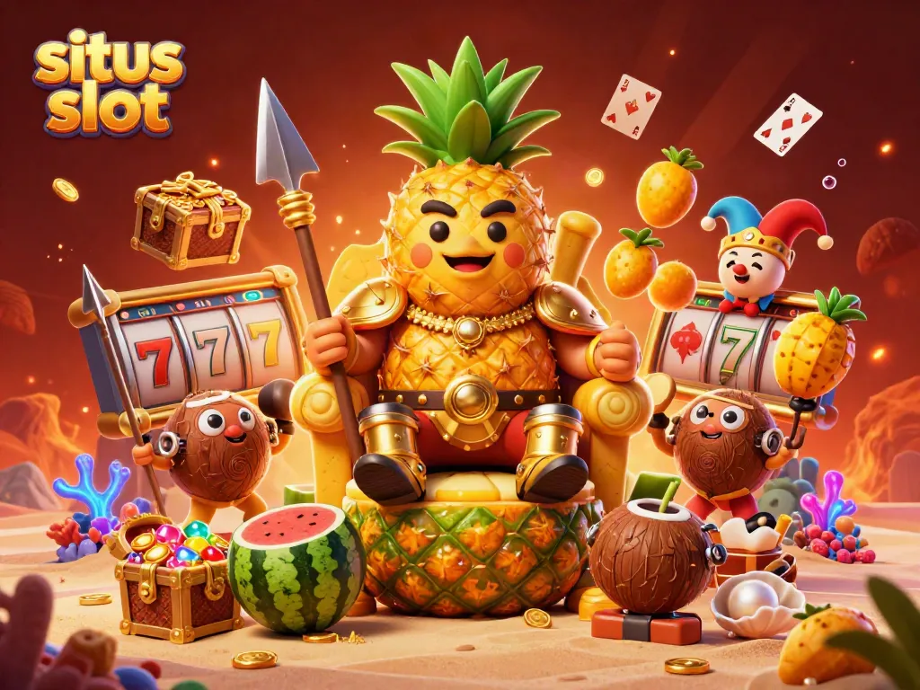 Menggandakan pengalaman situs slot melalui ilustrasi 3D kasino tropis dengan raja nanas emas.