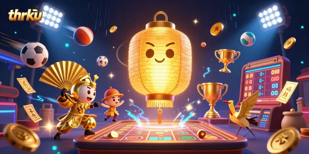 Experience vibrant casino action with thrku as a giant golden lantern spirit and paper fan warriors illuminate the night market.