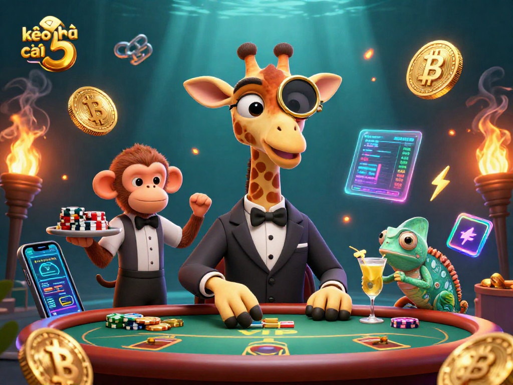 Play poker at kèo nhà cái 5 with a high-roller giraffe, monkey valet, and chameleon bartender in an exciting casino scene.