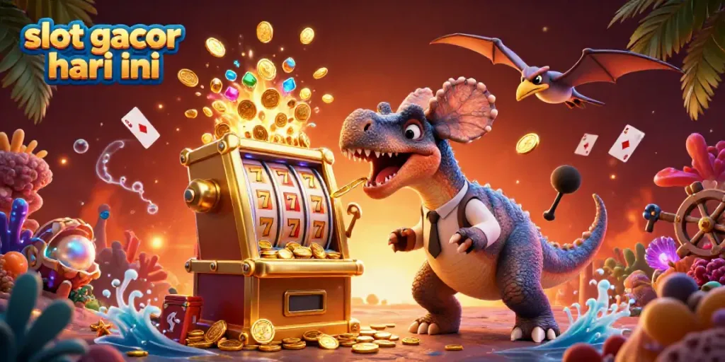 Engage with slot gacor hari ini action featuring a dinosaur winning a jackpot amidst a vibrant casino setting.