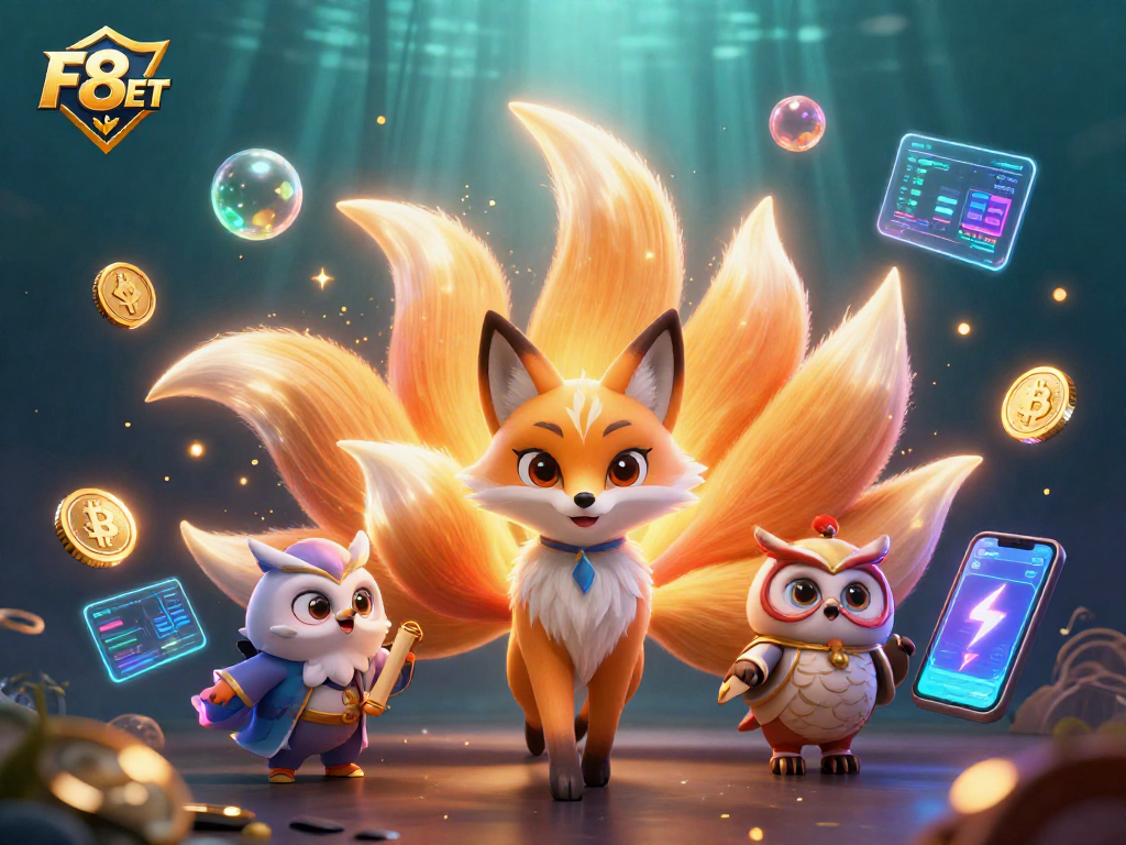 Engage the excitement with F8 BET, featuring a colorful nine-tailed fox and crypto elements for gambling success.
