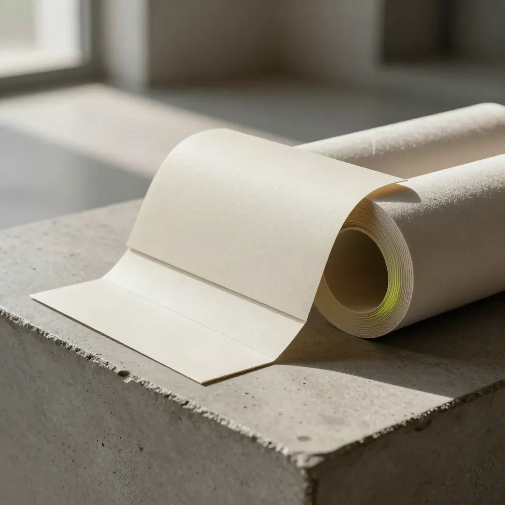 Close-up promo bundle on concrete plinth with rolled paper props and soft daylight.