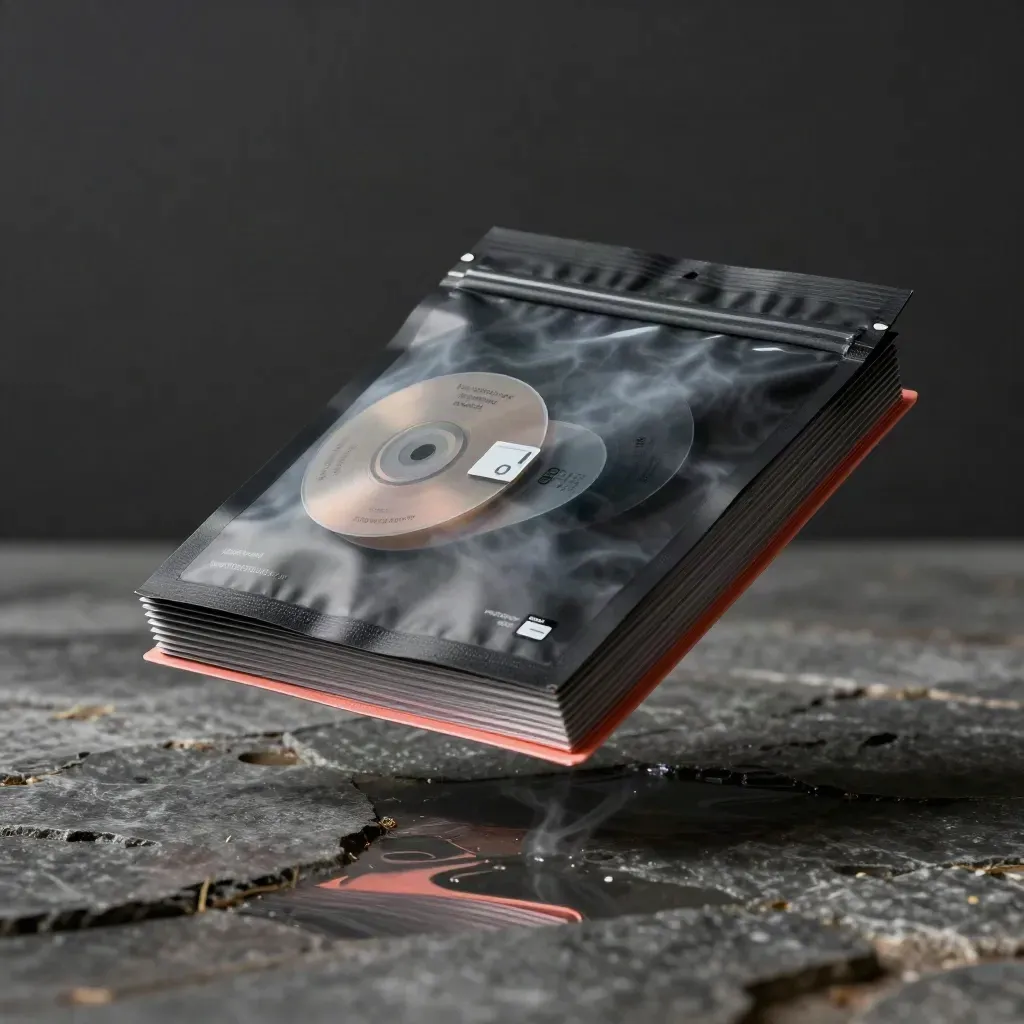 Floating black offer pack stack above wet stone with vapor and coral rim light