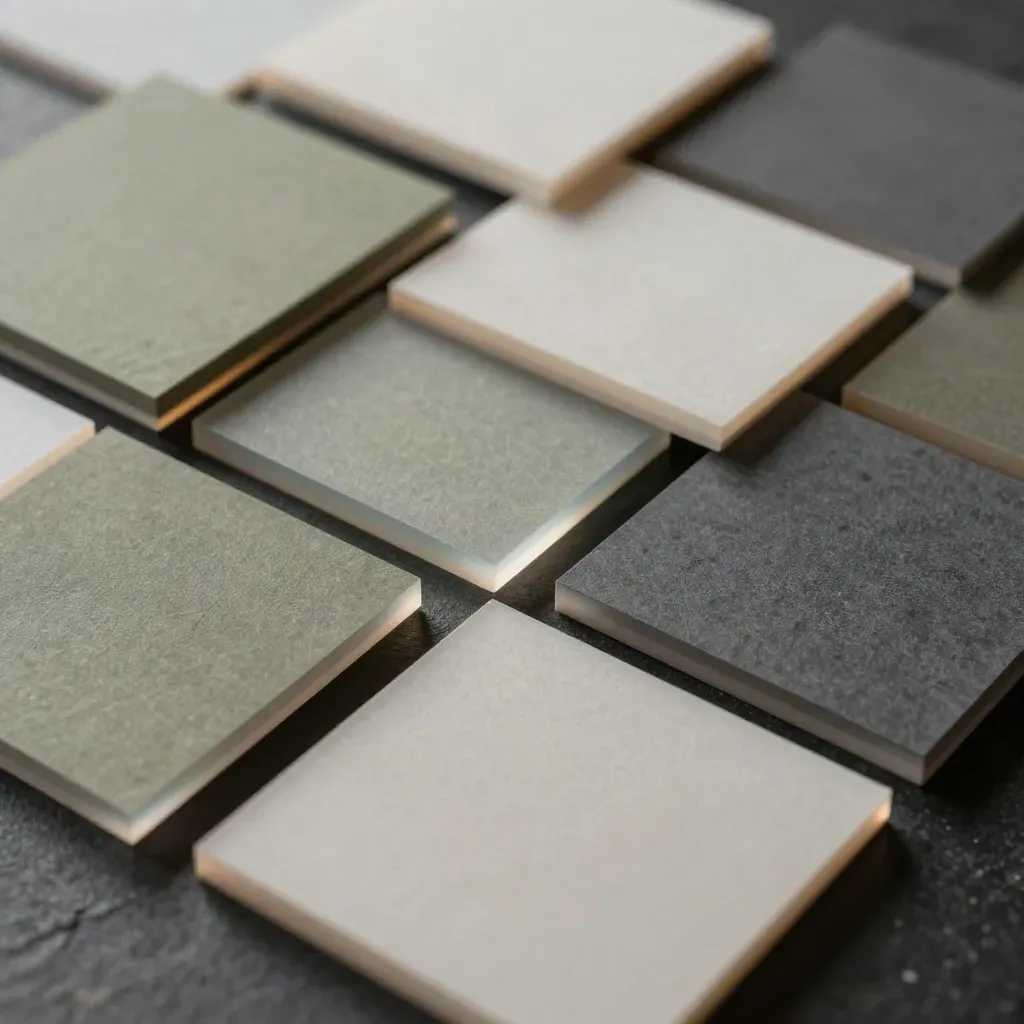 Macro of frosted acrylic and matte paper promo tiles scattered over black stone