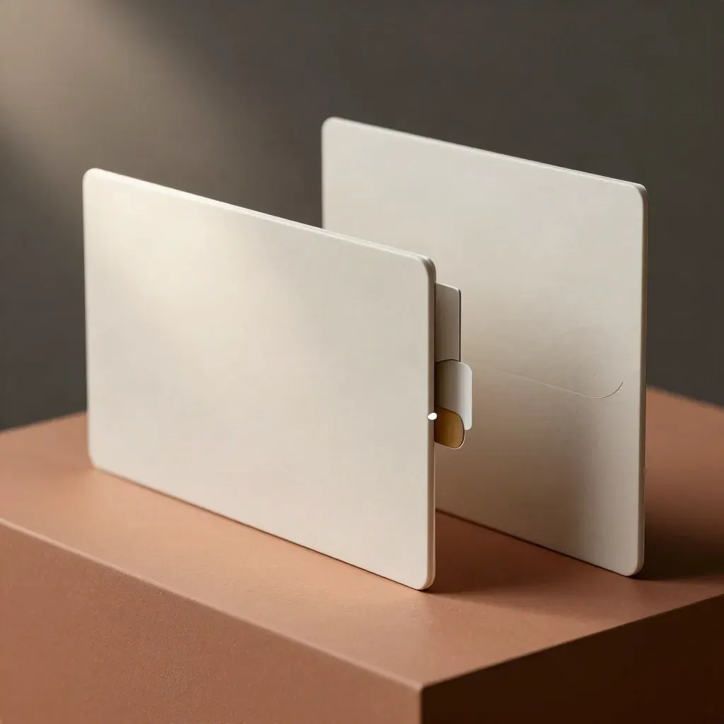 Macro of two matte popup panels and a comparison chip on terracotta plaster with soft haze
