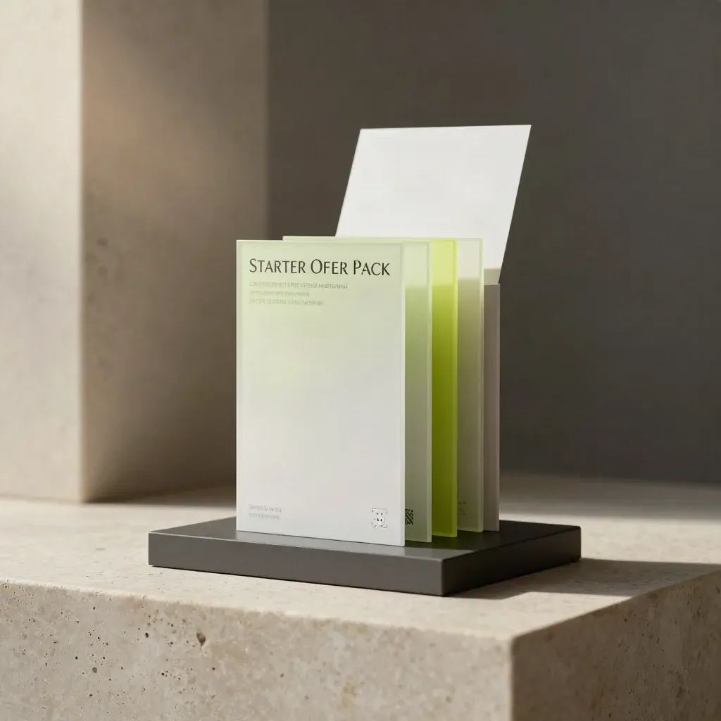 Low hero shot of a five-piece offer pack sculpture on travertine with lime accent