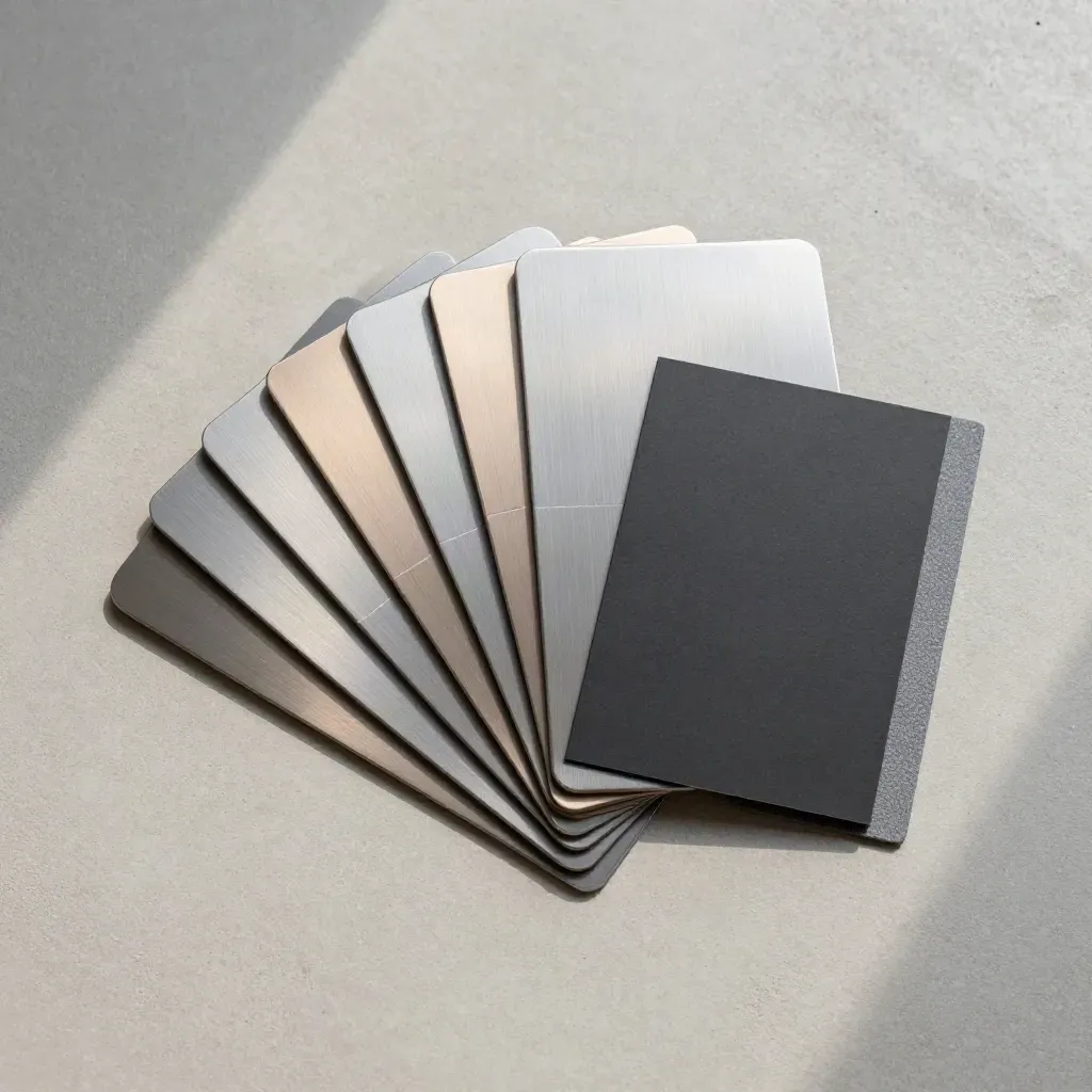Overhead flatlay of popup slabs and banner strips on brushed metal with soft shadows.