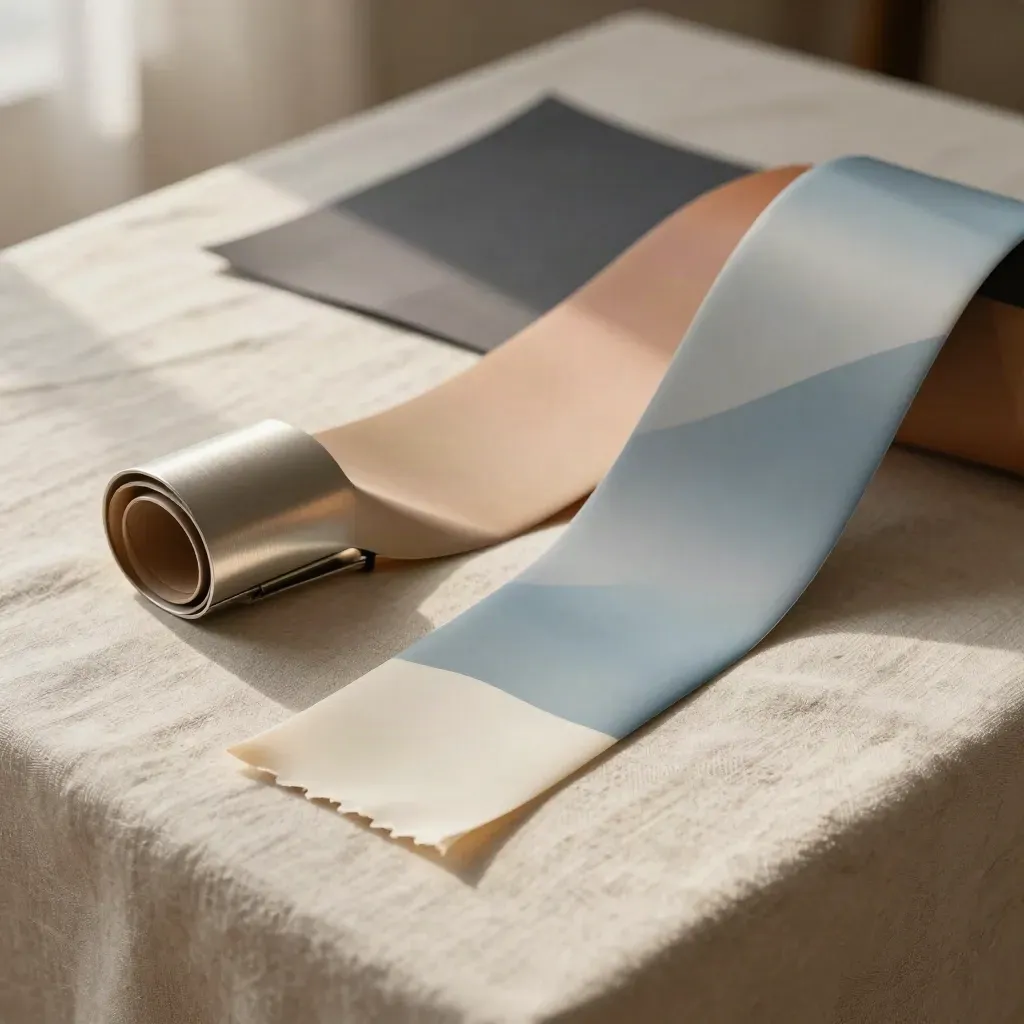 Matte promo banner strips on linen with stone weight and metal clip, softly lit.